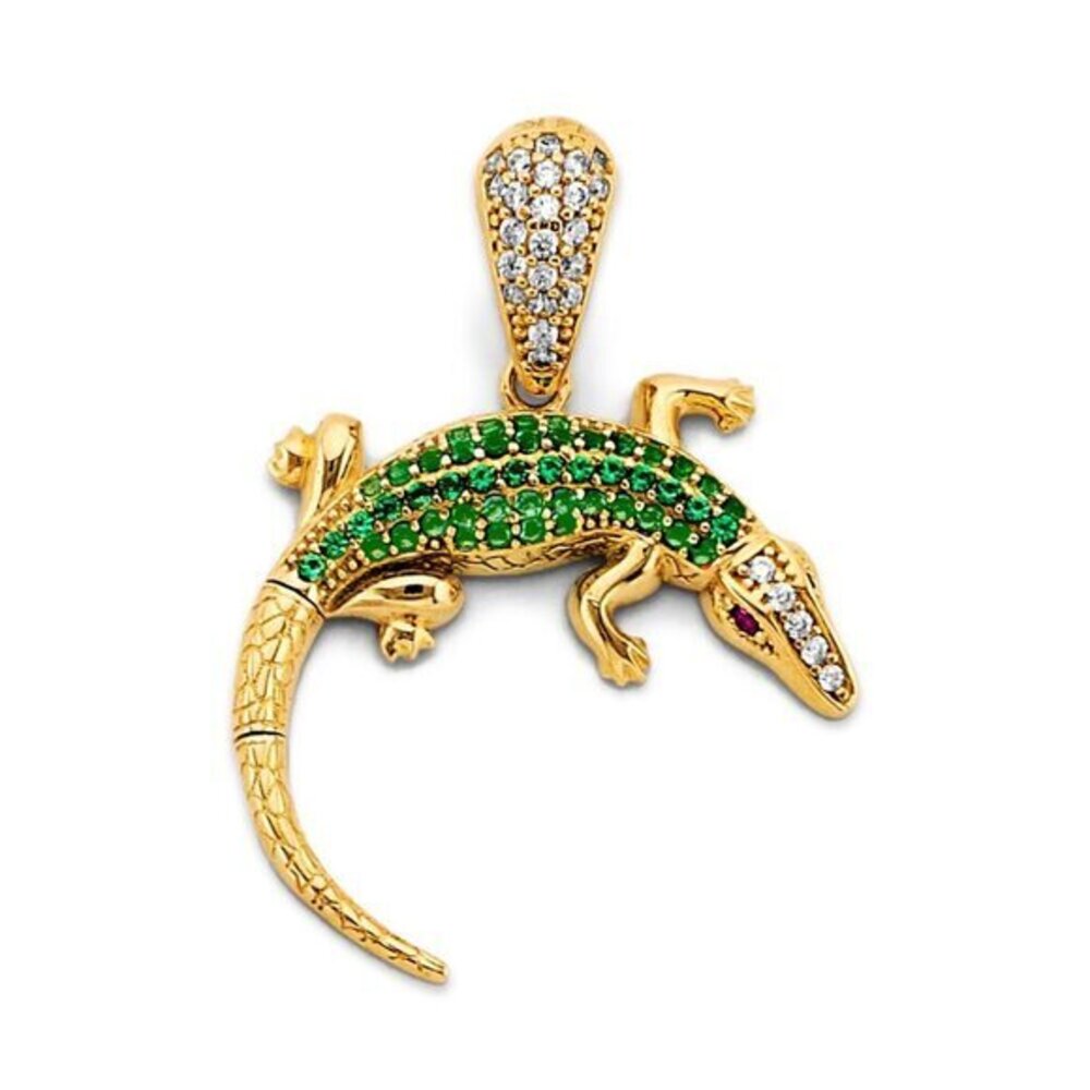 Very Cute unique 14K Gold 2 tone with green CZ stones Lizard Round Pendant